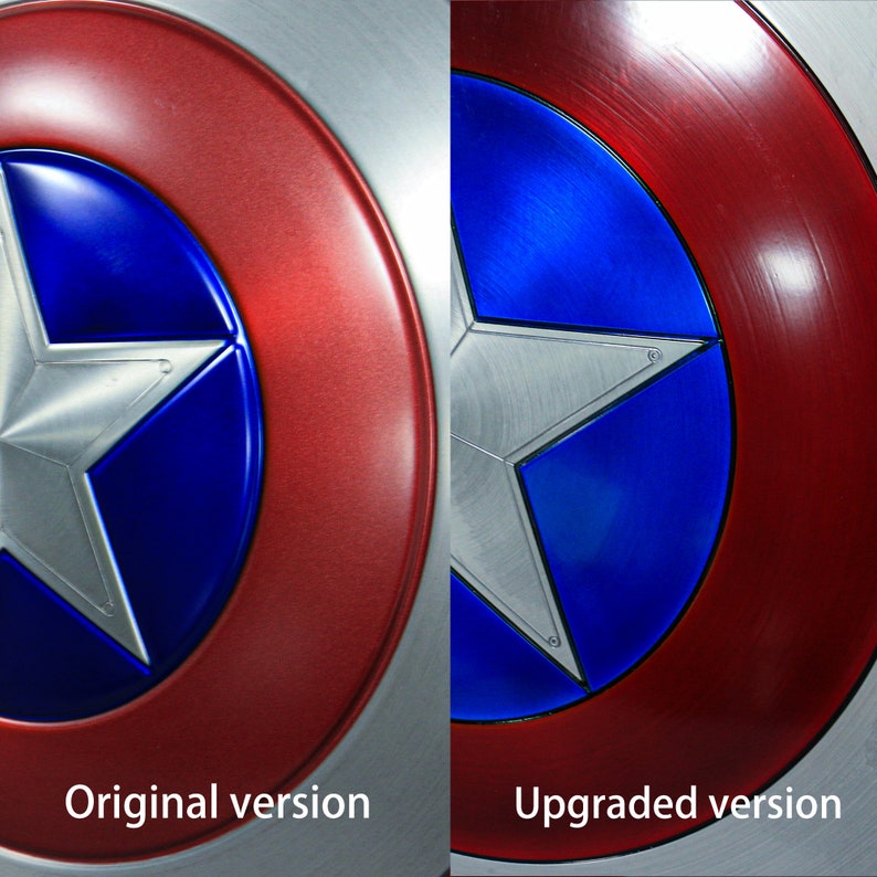 May include: Side-by-side comparison of two Captain America shields. The shield on the left is the original version, while the shield on the right is the upgraded version. Both shields feature a red, white, and blue design with a silver star in the center.