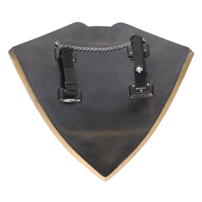May include: Black shield with a gold trim and straps on the back. The shield has a metal stand attached to the back.