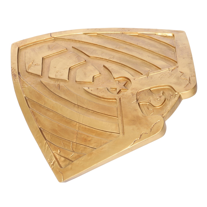 May include: A gold-colored shield with a star and a stylized design. The shield is made of a textured material and has a slightly worn look.