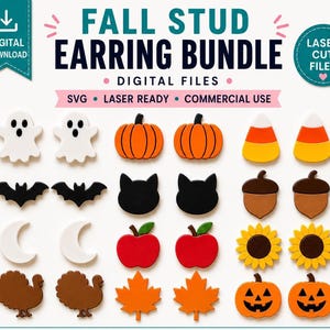 May include: A digital download bundle of laser cut files for fall stud earrings. The collection features pairs of ghosts, pumpkins, candy corn, bats, cat heads, acorns, moons, apples, sunflowers, turkeys, maple leaves, and jack-o'-lanterns.