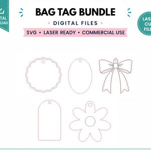 Paquete de etiquetas SVG para bolsos / Etiquetas festoneadas, ovaladas, con lazo y con flores / Etiquetas con nombre cortadas a láser / Archivos de etiquetas acrílicas para bolsos / Glowforge SVG