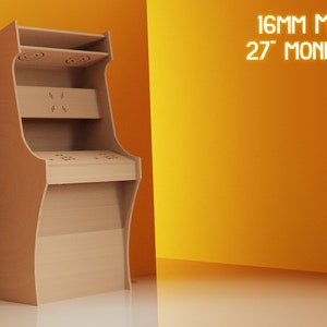 Op de afbeelding: Een onafgewerkte arcadekast gemaakt van 16 mm MDF, ontworpen voor een 27-inch monitor. De kast heeft meerdere planken en uitsparingen voor bedieningselementen, ideaal voor een retro gaming setup. De tekst "16MM MDF 27" MONITOR" is zichtbaar.