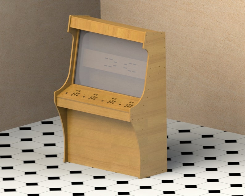 May include: A wooden arcade cabinet with a large screen and multiple buttons. The cabinet is light brown and has a simple design.