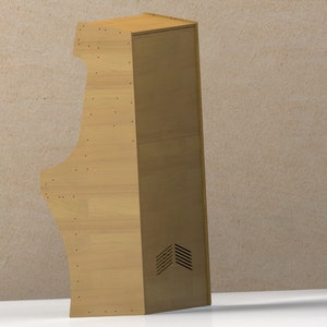 May include: A wooden arcade cabinet with a light brown finish. The cabinet has a curved front panel and a rectangular back panel. The back panel has a small vent.
