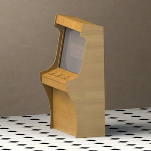May include: A wooden arcade cabinet with a screen and control panel. The cabinet is made of plywood and has a light brown finish.