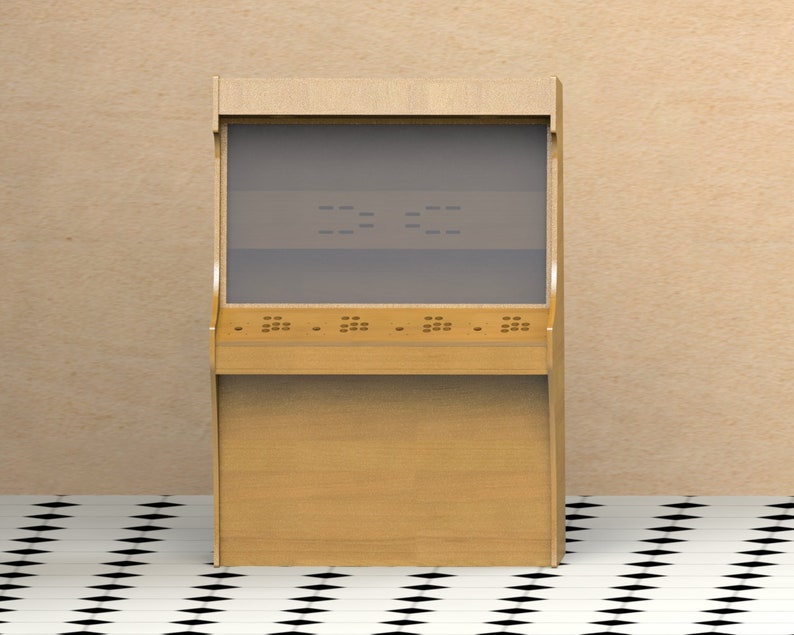 May include: A wooden arcade cabinet with a gray screen and a row of buttons. The screen displays the text "XXX".