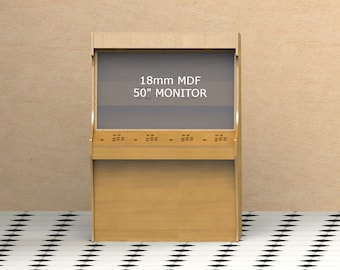 Può includere: Un mobile in legno con un monitor da 50" e il testo "18mm MDF 50" MONITOR" sul davanti.