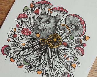 May include: A whimsical illustration features a gray cat surrounded by colorful mushrooms and foliage. The mushrooms have red, orange, and green caps with white spots. The cat's face is detailed, and the artwork is on a white background.