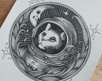Astrocat-bläckteckning: Original rymdkattkonst