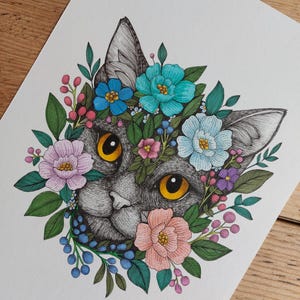Original Ink Cat Drawing: Fine Art Paper