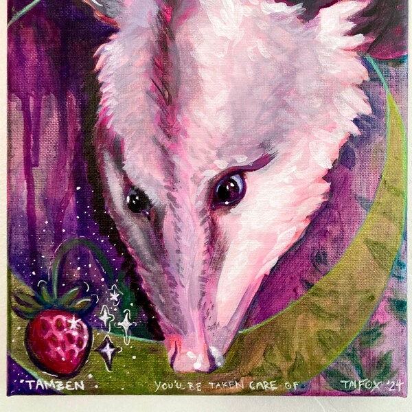 Possum and Strawberry Love Painting, Wildlife painting,  Handmade Home Decor, Small Painting, Unique Art, Original Painting, Possum, Animal
