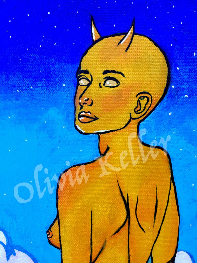 Original Painting on Canvas Alien Woman Acrylic Painting Nude Art Environmental Art Surreal Landscape Painting Yellow Devil Art