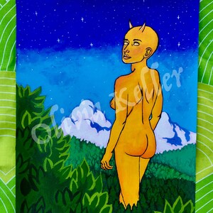 Original Painting on Canvas Alien Woman Acrylic Painting Nude Art Environmental Art Surreal Landscape Painting Yellow Devil Art