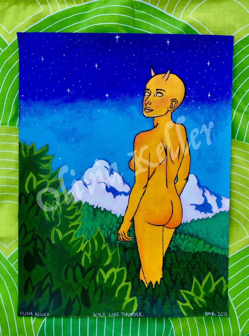Original Painting on Canvas Alien Woman Acrylic Painting Nude Art Environmental Art Surreal Landscape Painting Yellow Devil Art