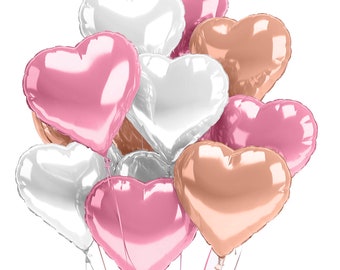 Kavo Party Pastel Heart Balloons 12 PACK Rose Gold Pink White Valentines Day Decorations + Large Mylar Foil Heart Shaped Balloon