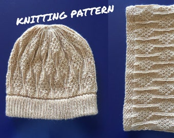 Moss Stitch Diamonds Cowl and Hat Set - Knitting Pattern PDF