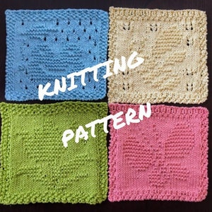 May include: Four knitted dishcloths in different colours: light blue, yellow, green, and pink. Each dishcloth has a different pattern, with the text "Knitting Pattern" superimposed on the image.