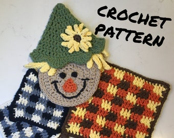 Autumn Scarecrow Potholder, Plaid Potholder, and Plaid Coaster Set - Crochet Pattern PDF