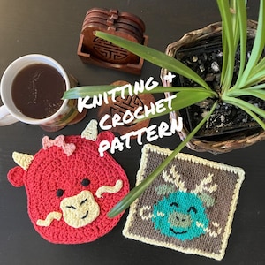 May include: Two crocheted coasters, one red with a dragon design and the other brown with a green dragon design. The text "Knitting & Crochet Pattern" is written in white on a black background.