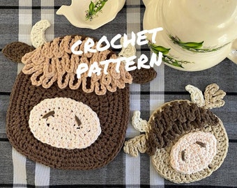 Patrón de crochet en PDF para agarradera y posavasos de vaca de las Tierras Altas