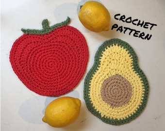 Patrón de crochet en PDF: Juego de paño de cocina y agarradera de aguacate y tomate