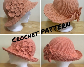 Hat with Shell Brim and Flower Brooch - Crochet Pattern PDF