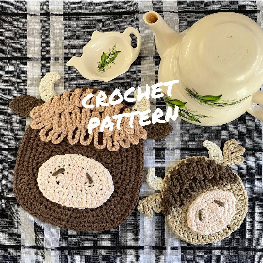 39 Highland Cow Crochet Patterns for Rustic, Fluffy Amigurumi Charm 36 Highland Cow Potholder and Coaster Set
