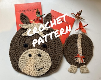 Patrón de crochet en PDF para agarraderas y posavasos con diseño de caballo y vaca