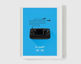 May include: A blue poster featuring a black Sega Game Gear handheld video game console with a long cord and headphones. The text on the poster reads "ゲームギア" and "1991 - 1997".