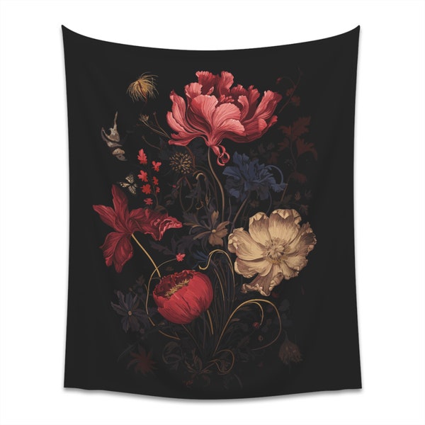 Nature tapestry, botanical tapestry, jewel toned décor, dark floral art, moody wall art, dark floral print, jewel tone décor