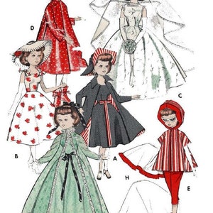 Puede incluir: Un conjunto de seis patrones de vestidos de muñeca, que presentan una variedad de estilos, incluyendo un vestido de novia, una capa roja con capucha, un vestido verde con una faja negra, un vestido negro con una faja roja, un vestido a rayas rojas y blancas, y un vestido a rayas rojas y blancas con una capa blanca.