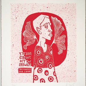 Hand printed Limited Edition linocut print - &#39;Pretty James with flowers&#39; (red with flecks) - Original artwork by Hana Rubi