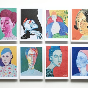 Set von 2 A5 Postkarte Kunstdrucke - handsigniert von Künstler - wählen Sie jedes Paar - zeitgenössische Porträts von Frauen - Original-Kunstwerk von Hana Rubi