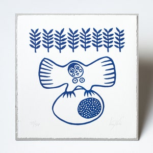 Hand printed, limited edition linocut - Motherhood - Bird Woman - &#39;Protect The Egg&#39; (navy blue) - Original artwork by Hana Rubi