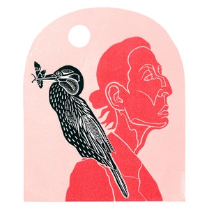 A4 fine art print - ‘Iris & bird with moth’ Orange arch - Digital reproduction of a linocut - Original artwork by Hana Rubi
