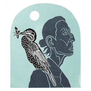 A4 fine art print - ‘Iris & bird with moth’ Blue arch - Digital reproduction of a linocut - Original artwork by Hana Rubi