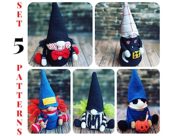 Set of 5 horror gnomes crochet patterns Halloween gnome tutorial gonk crochet pattern, crochet spooky creepy doll Halloween easy crochet