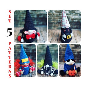 Set of 5 horror gnomes crochet patterns Halloween gnome tutorial gonk crochet pattern, crochet spooky creepy doll Halloween easy crochet