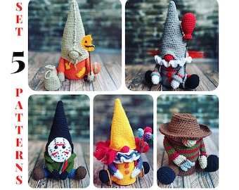 May include: Set of 5 crochet gnome patterns featuring various characters, including a clown, a pumpkin, a hockey mask, and a striped shirt.  The patterns are available for download.