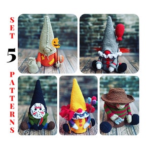 Set of 5 horror gnomes crochet patterns Clown gnome tutorial gonk crochet pattern, crochet Clown spooky creepy doll Halloween easy crochet