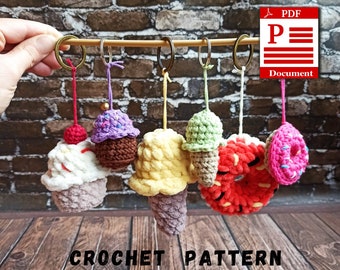 Patroon gehaakte sleutelhanger zonder naaien: donut, cupcake, ijs (pdf)