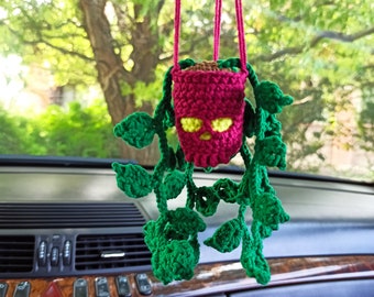 Crochet Skull Succulent Car Hanging: Halloween Spooky Decor