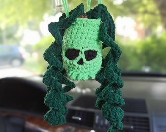 Crochet Skull Plant Car Hanging: Halloween Spooky Decor