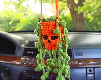 Crochet Skull Plant Car Hanging: Halloween Spooky Decor