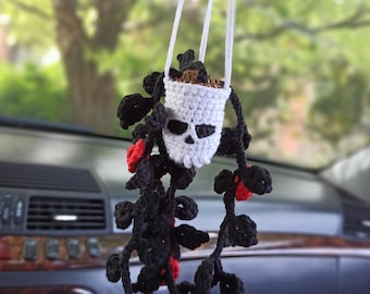 Crochet Skull Plant Car Hanging: Halloween Spooky Decor