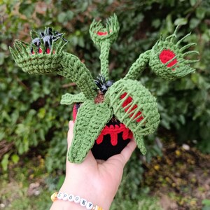 May include: A handmade crochet Venus flytrap plant with green leaves and red accents, potted in a black and red pot. The plant features several open traps and is adorned with small black spiders. The word "SPOOKY" is spelled out on a bracelet.