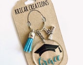 Personalised Graduate Keyring - Acrylic Circle Keychain with Tassel and Tibetan silver graduate scroll charm - Graduation gift - Leaver gift
