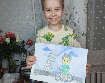 Boy with Bicycle – Printable Coloring Page | Digital Download | Support a Young Artist’s Dream, Children's art picture.