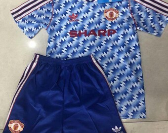 Football Kid KitVintage Retro Manchester United Visitante 90-92, Calcetines de Futbol, Camiseta, de Reino Unido - Diferentes Tallas