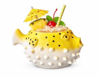 Puffer Fish Blowfish Tiki Ceramic Bowl Candy Dish Ice Cream Bowl